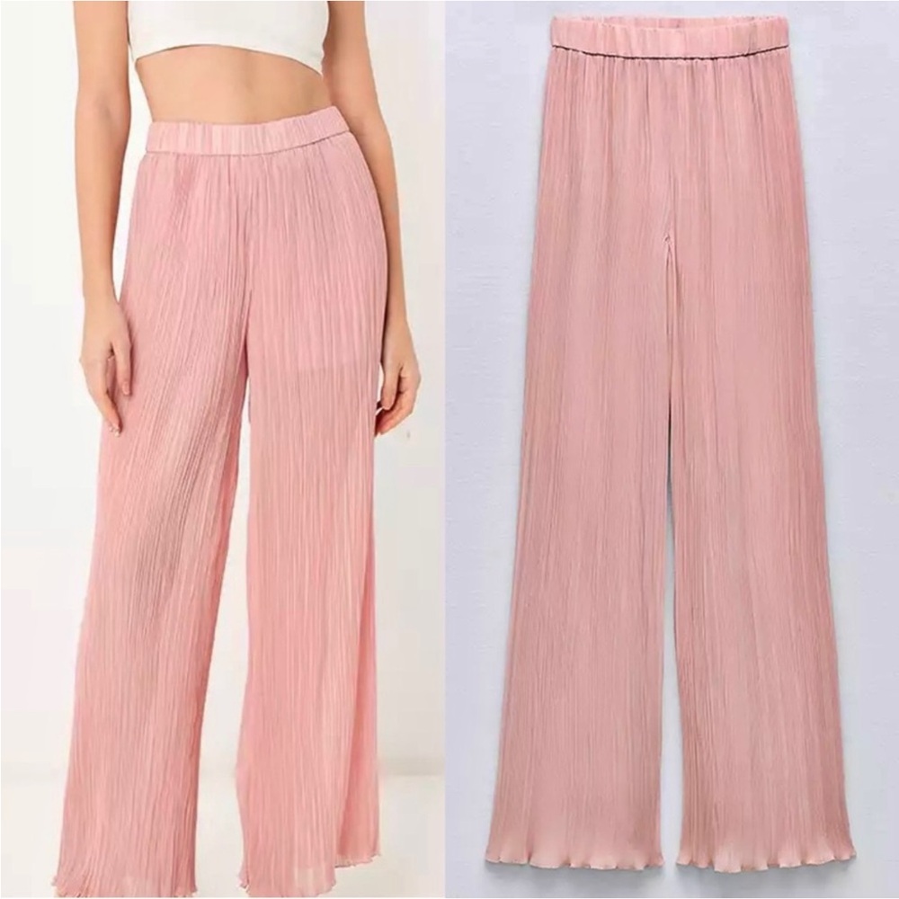 Zara NWT RARE Pink Crinkle Crepe Wide Leg Flare High Waist Pants Lightweight M